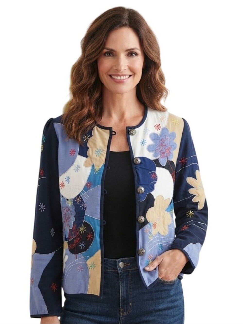 Indigo Moon Vintage Art To Wear Floral Patchwork Lightweight Jacket Size S